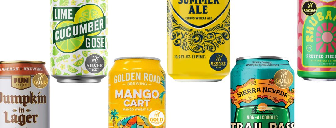 Beer cans with world beer cup winners logos on them